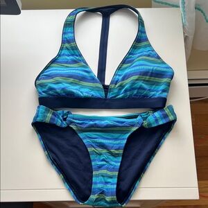 Athleta Striped Blue and Green Halter Bikini Top